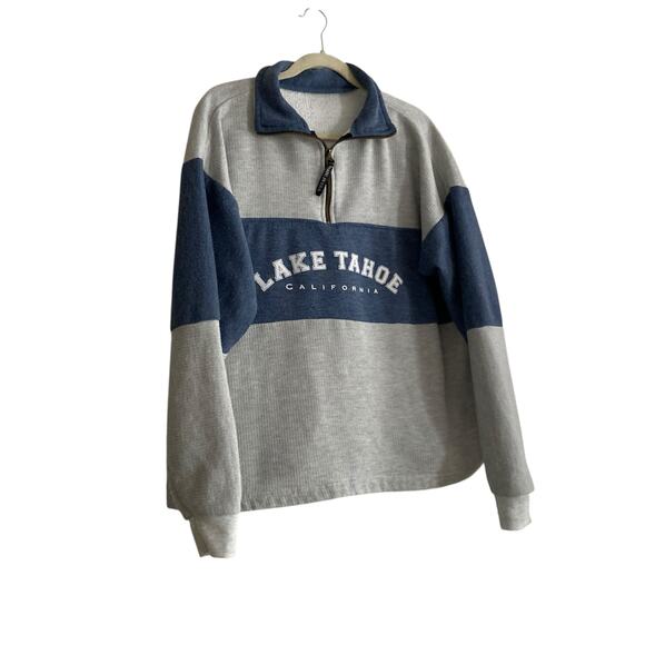 Retro Gray Blue Lake Tahoe California Sporty Preppy Quarter Zip Jacket Sz Large - Picture 3 of 16